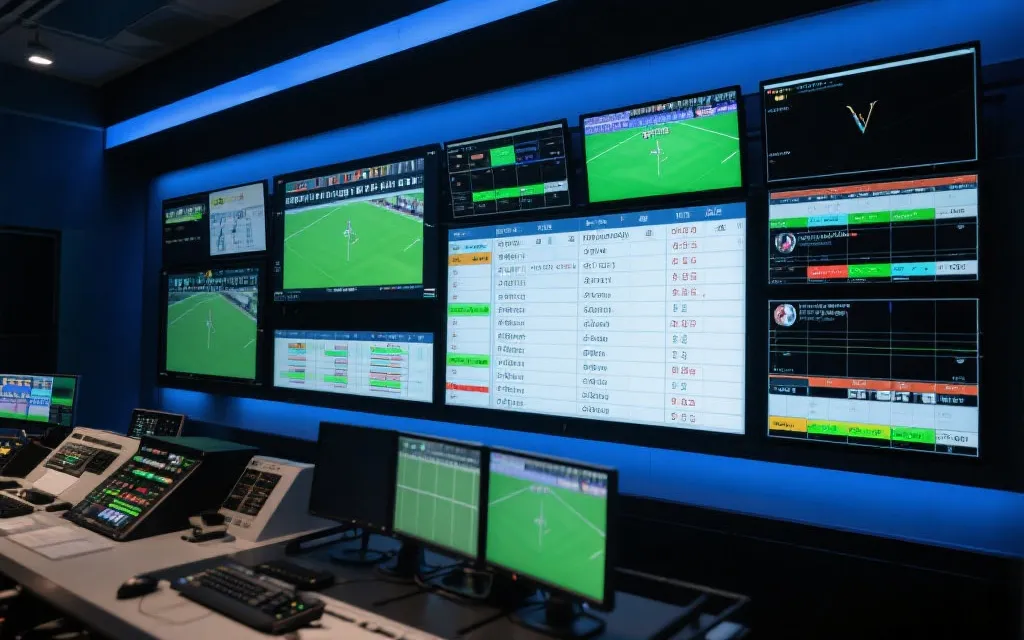 赛事转播的编排墙：多个屏幕显示不同场次与时间轴，象征扩军后的频道与节目排布